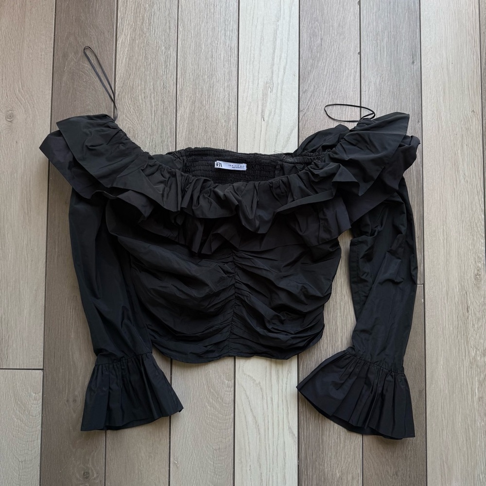 Zara Black Ruffled Off-Shoulder Blouse